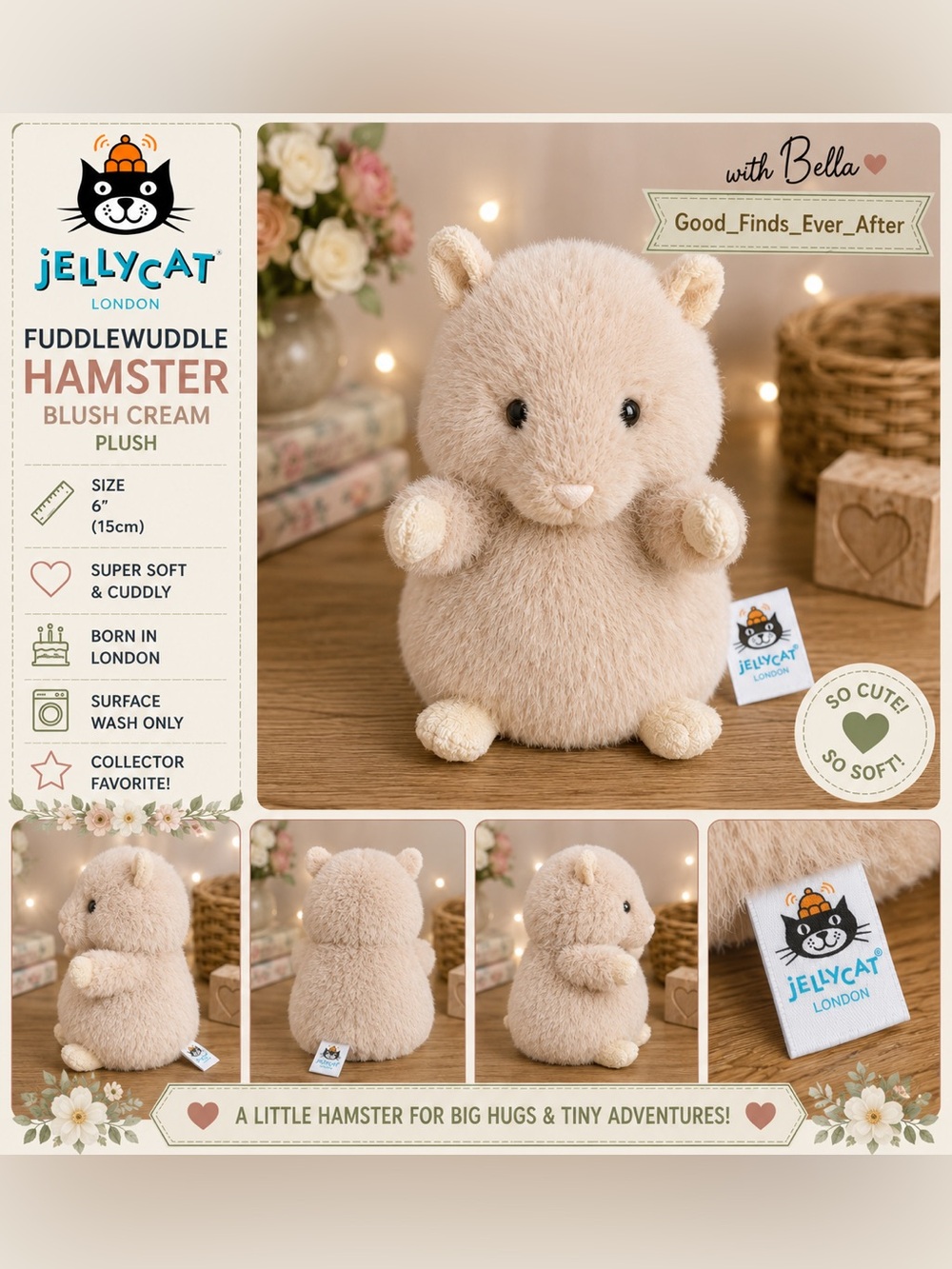 NWOT - Jellycat London - Hank Hamster -No Paper Tags - RARE